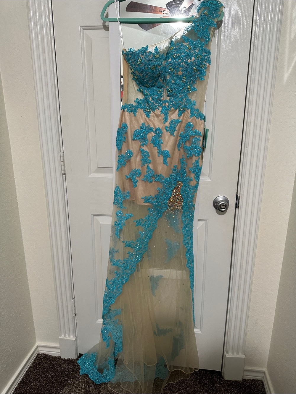 Nude Illusion Prom Gown with Turquoise Appliqué